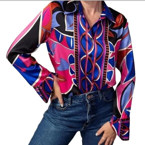 Zara Women's Satin Style Retro Geometric Art Blue & Pink Print Blouse Size M - Picture 1 of 16